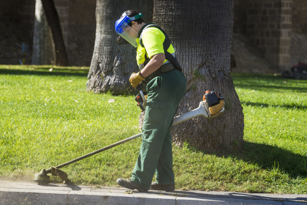 Barcelona, Spain - October 22, 2014: Garden maintenance worker of the City of Barcelona cutting the grass a garden Les Rambles with a mowing machine